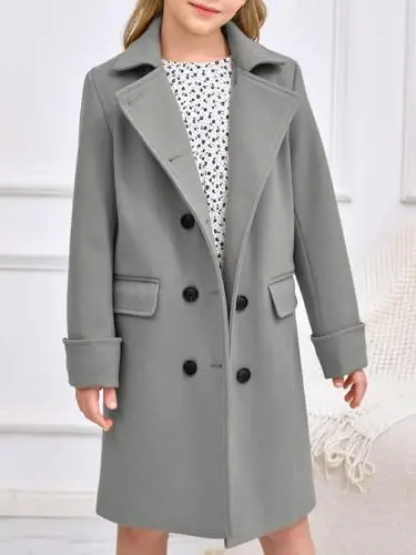 Haloumoning Girls Double Breasted Trench Coat Kids Notch Lapel Long Peacoat with Pockets 5-14 Years - HALOUMONING (1)