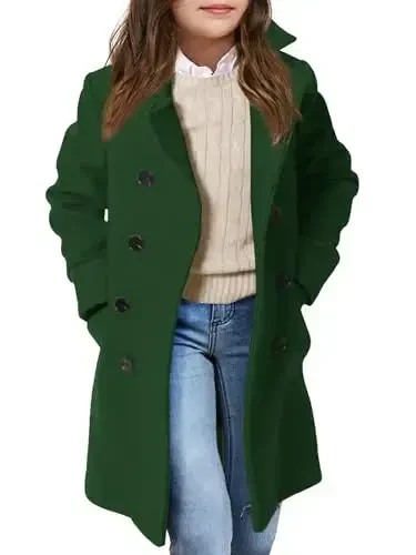 Haloumoning Girls Double Breasted Trench Coat Kids Notch Lapel Long Peacoat with Pockets 5-14 Years - Haloumoning