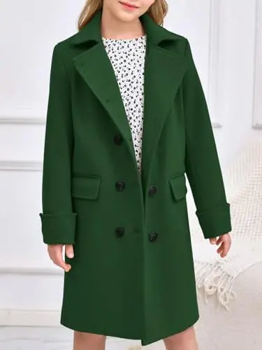 Haloumoning Girls Double Breasted Trench Coat Kids Notch Lapel Long Peacoat with Pockets 5-14 Years - HALOUMONING (1)