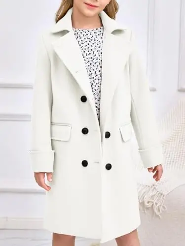 Haloumoning Girls Double Breasted Trench Coat Kids Notch Lapel Long Peacoat with Pockets 5-14 Years - HALOUMONING (1)