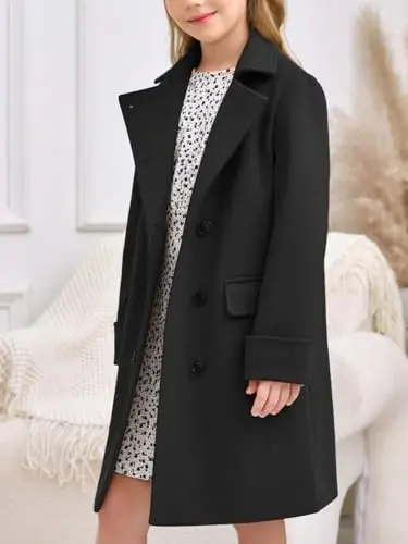 Haloumoning Girls Double Breasted Trench Coat Kids Notch Lapel Long Peacoat with Pockets 5-14 Years - 3