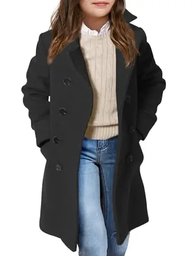 Haloumoning Girls Double Breasted Trench Coat Kids Notch Lapel Long Peacoat with Pockets 5-14 Years 