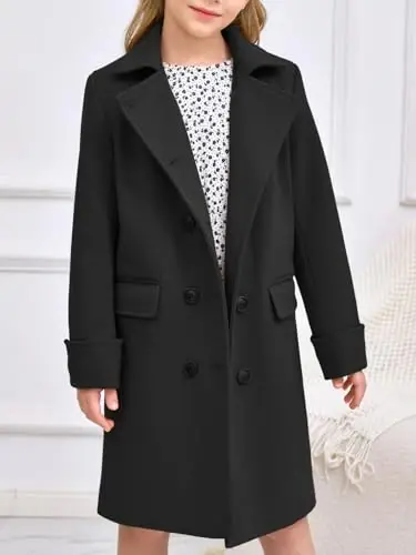 Haloumoning Girls Double Breasted Trench Coat Kids Notch Lapel Long Peacoat with Pockets 5-14 Years - HALOUMONING (1)