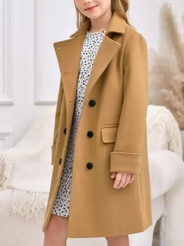 Haloumoning Girls Double Breasted Trench Coat Kids Notch Lapel Long Peacoat with Pockets 5-14 Years - 3