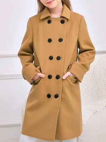 Haloumoning Girls Double Breasted Trench Coat Kids Notch Lapel Long Peacoat with Pockets 5-14 Years - 4