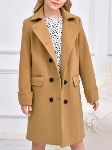 Haloumoning Girls Double Breasted Trench Coat Kids Notch Lapel Long Peacoat with Pockets 5-14 Years - HALOUMONING (1)