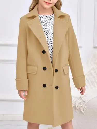 Haloumoning Girls Double Breasted Trench Coat Kids Notch Lapel Long Peacoat with Pockets 5-14 Years - 2
