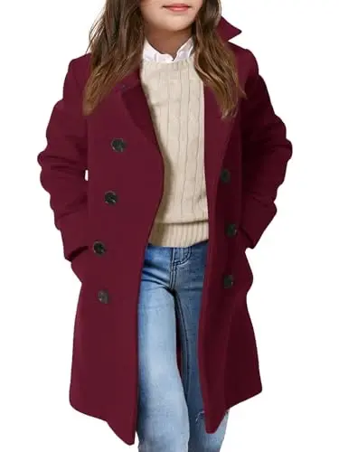 Haloumoning Girls Double Breasted Trench Coat Kids Notch Lapel Long Peacoat with Pockets 5-14 Years - 1