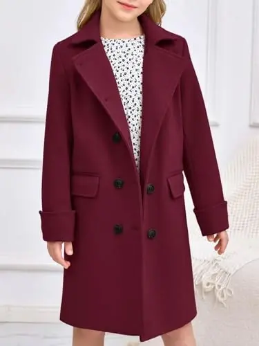 Haloumoning Girls Double Breasted Trench Coat Kids Notch Lapel Long Peacoat with Pockets 5-14 Years - MODAZONE (1)