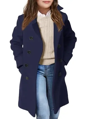 Haloumoning Girls Double Breasted Trench Coat Kids Notch Lapel Long Peacoat with Pockets 5-14 Years - 1