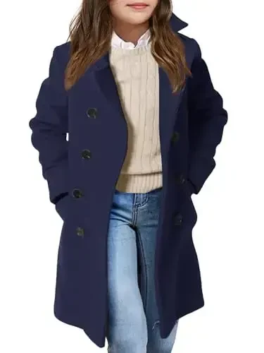 Haloumoning Girls Double Breasted Trench Coat Kids Notch Lapel Long Peacoat with Pockets 5-14 Years - Haloumoning
