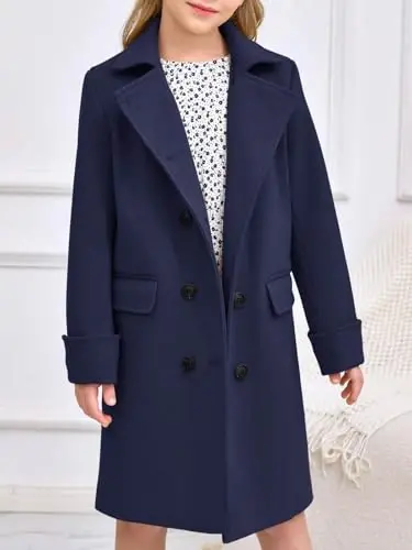 Haloumoning Girls Double Breasted Trench Coat Kids Notch Lapel Long Peacoat with Pockets 5-14 Years - Haloumoning (1)
