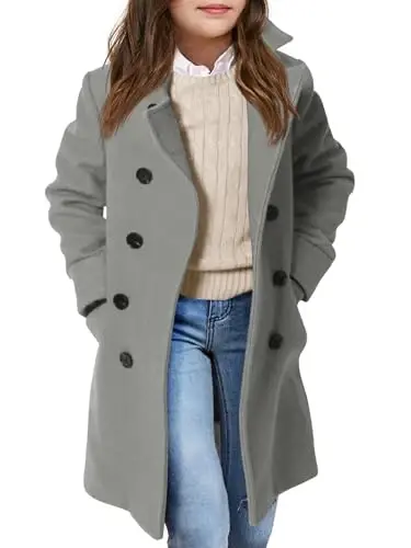 Haloumoning Girls Double Breasted Trench Coat Kids Notch Lapel Long Peacoat with Pockets 5-14 Years 