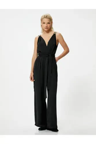 Halter Crossover Neck Jumpsuit Belted Wide Leg Full Length - 1