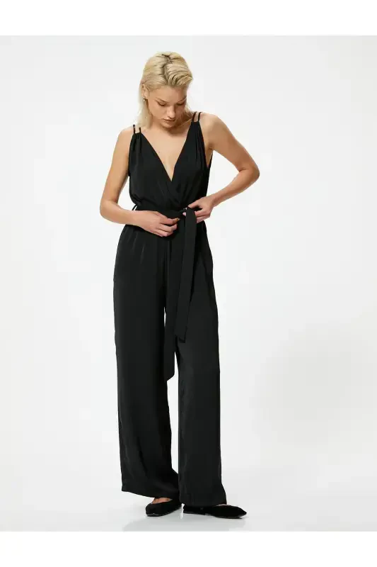 Halter Crossover Neck Jumpsuit Belted Wide Leg Full Length - 3