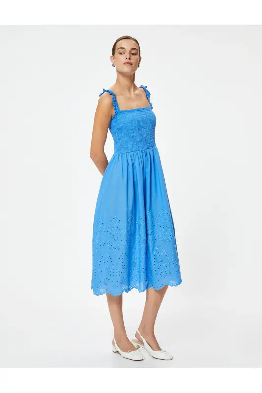 Halter Midi Embroidered Dress Ruffled Smocked Cotton - 1