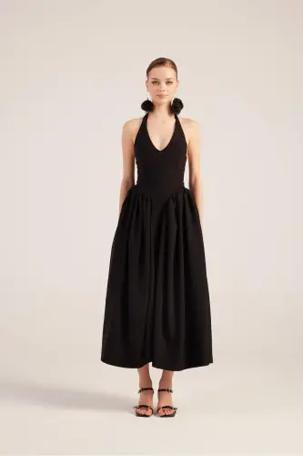 Halter Neck Fitted Waist Long Ophelia Dress Black 
