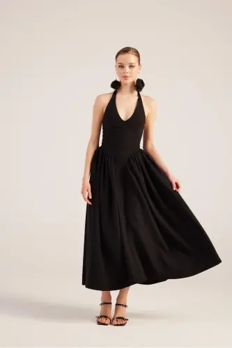 Halter Neck Fitted Waist Long Ophelia Dress Black - 2