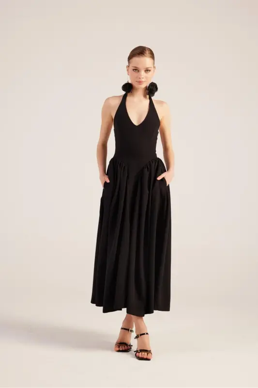 Halter Neck Fitted Waist Long Ophelia Dress Black - 3