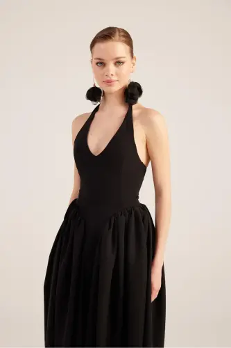 Halter Neck Fitted Waist Long Ophelia Dress Black - 4