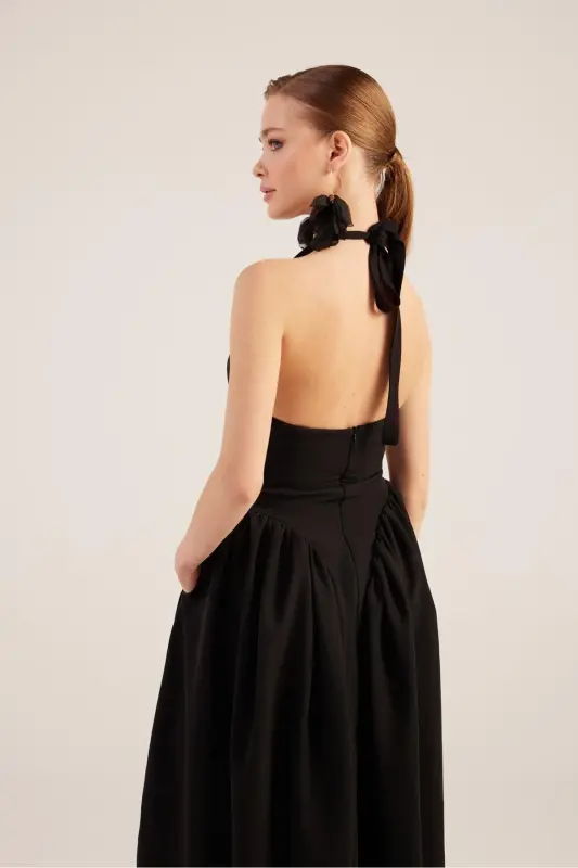 Halter Neck Fitted Waist Long Ophelia Dress Black - 5