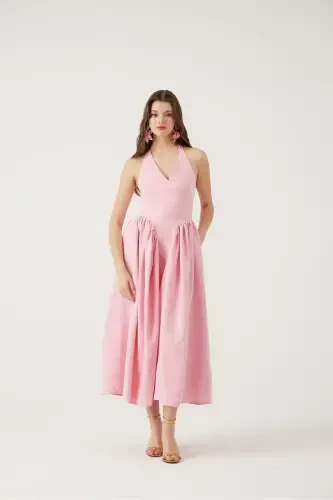 Halter Neck Fitted Waist Long Ophelia Dress Pink-Pink - 1