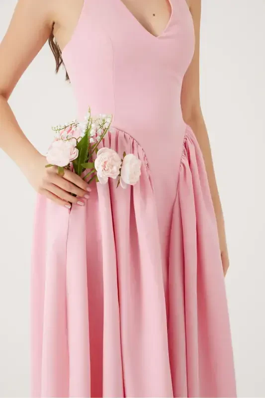 Halter Neck Fitted Waist Long Ophelia Dress Pink-Pink - 2