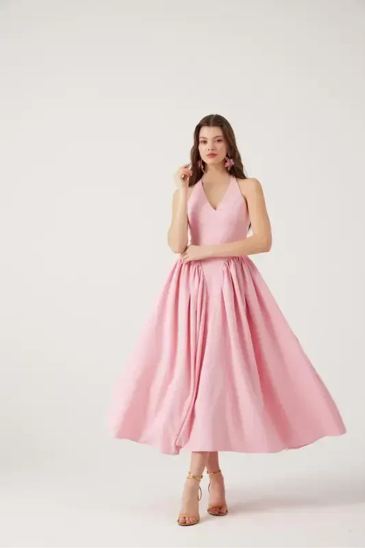 Halter Neck Fitted Waist Long Ophelia Dress Pink-Pink - 3