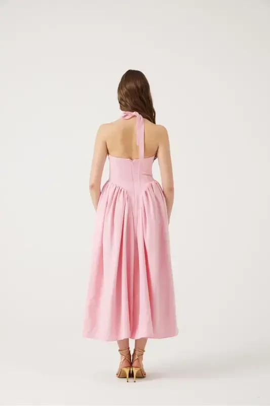 Halter Neck Fitted Waist Long Ophelia Dress Pink-Pink - 5