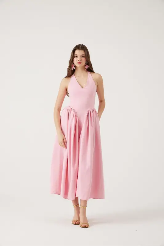 Halter Neck Fitted Waist Long Ophelia Dress Pink-Pink - 2