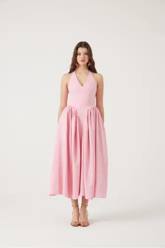 Halter Neck Fitted Waist Long Ophelia Dress Pink-Pink - 5