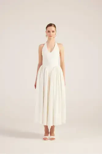 Halter Neck Fitted Waist Long Ophelia Dress White-White - 1