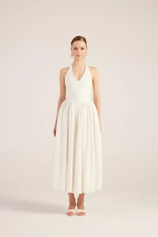 Halter Neck Fitted Waist Long Ophelia Dress White-White - 1