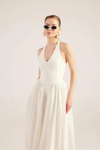 Halter Neck Fitted Waist Long Ophelia Dress White-White - HOLLY LOLLY (1)