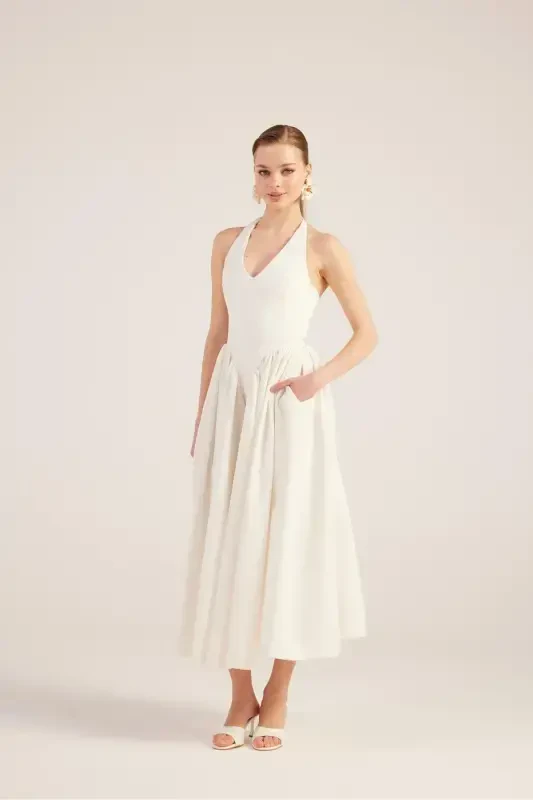 Halter Neck Fitted Waist Long Ophelia Dress White-White - 3