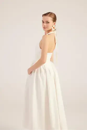 Halter Neck Fitted Waist Long Ophelia Dress White-White - 4