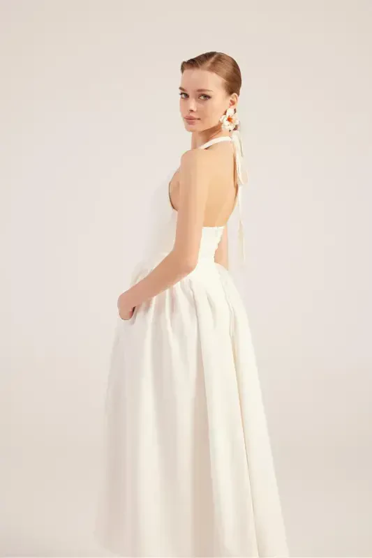 Halter Neck Fitted Waist Long Ophelia Dress White-White - 4