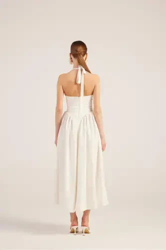 Halter Neck Fitted Waist Long Ophelia Dress White-White - 5