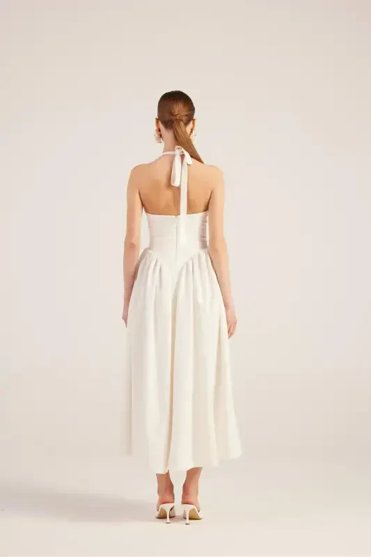 Halter Neck Fitted Waist Long Ophelia Dress White-White - 5