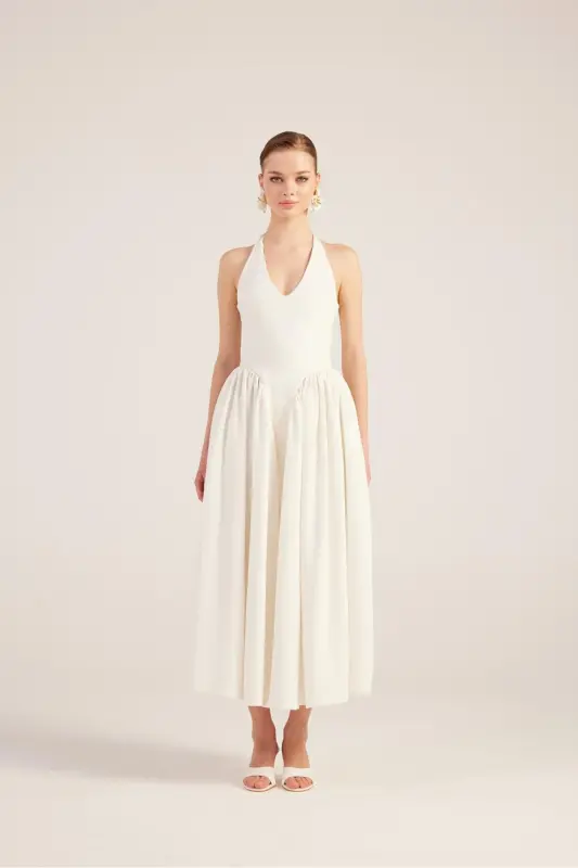 Halter Neck Fitted Waist Long Ophelia Dress White-White - 2