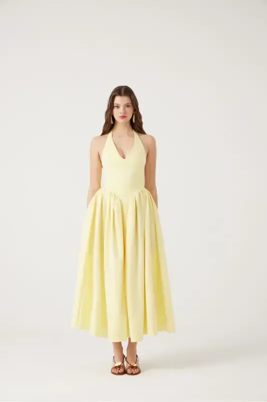 Halter Neck Fitted Waist Long Ophelia Dress Yellow-Yellow - 1