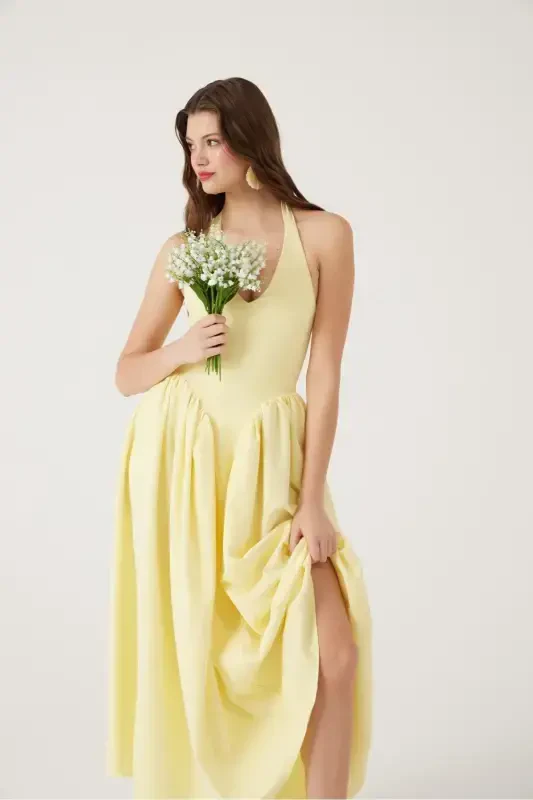 Halter Neck Fitted Waist Long Ophelia Dress Yellow-Yellow - 2