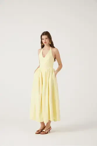 Halter Neck Fitted Waist Long Ophelia Dress Yellow-Yellow - 3