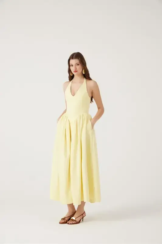 Halter Neck Fitted Waist Long Ophelia Dress Yellow-Yellow - 3