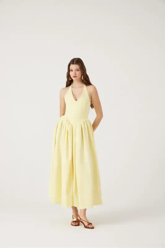 Halter Neck Fitted Waist Long Ophelia Dress Yellow-Yellow - 4