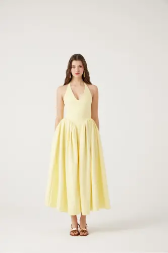 Halter Neck Fitted Waist Long Ophelia Dress Yellow-Yellow - 2