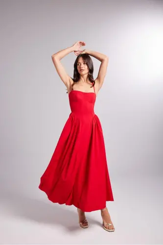 Halter Neck Globe Long Bridged Dress Red-Red - 3