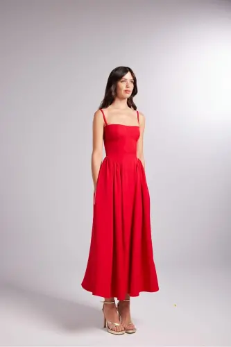 Halter Neck Globe Long Bridged Dress Red-Red - 6