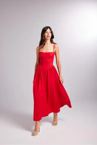 Halter Neck Globe Long Bridged Dress Red-Red - 9