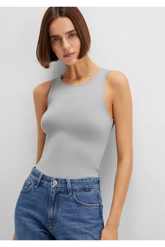 Halter Neck Grey Polyamide Tank Top Fitted - MAVI